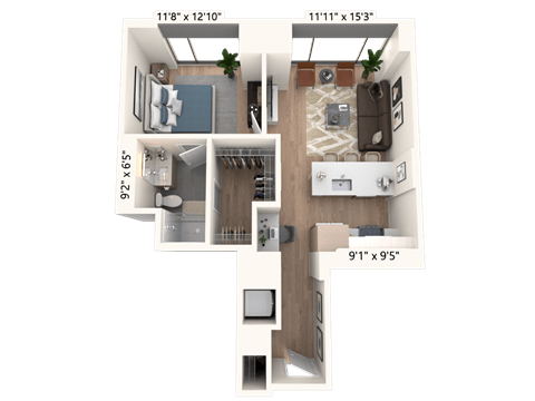 Floor plan for 1 bed, 1 bath, 720 sqft